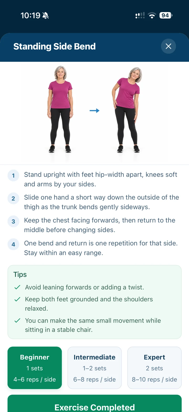 Standing Side Bend exercise with illustrated movement, numbered instructions, tips and three difficulty choices