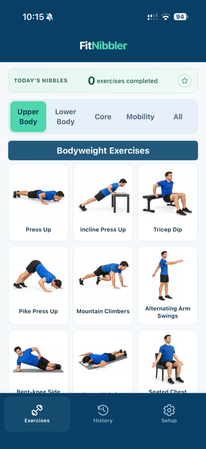 FitNibbler exercise library with illustrated exercises and Upper Body, Lower Body, Core and Mobility filters